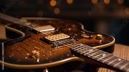 Close-up of an old electric guitar with lots of bokeh (Generative AI)