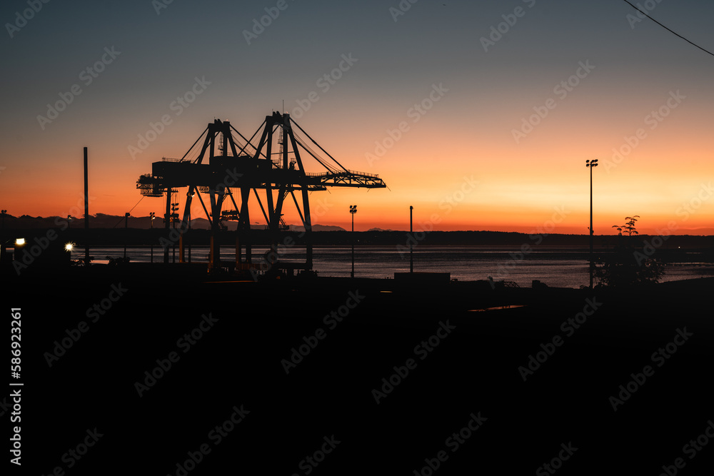 crane at sunset, harbour silhouette in Seattle, crane at sunset, harbour silhouette in Seattle,