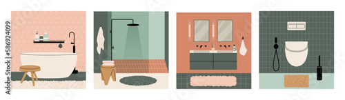 Modern bathroom interior. Contemporary bath furniture shower mirror sink washbasin faucet bathtub toilet bowl. Vector cartoon flat set