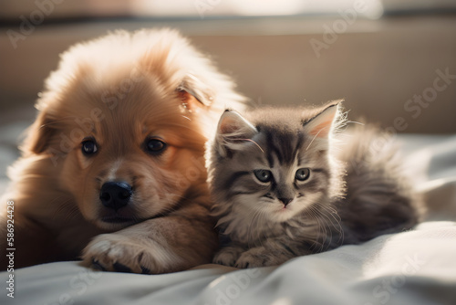 Adorable lovely puppy dog with kitten friends together, generative ai.