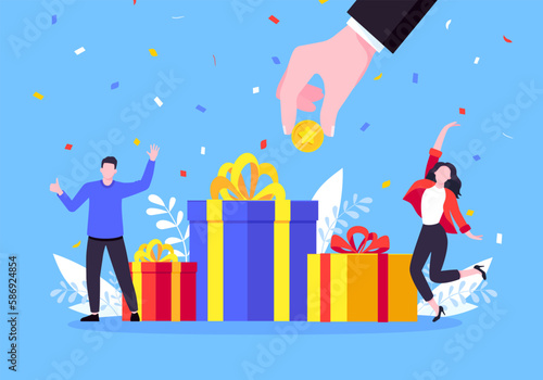 Get online reward and gifts, earn loyalty program points. Get loyalty card and customer service business concept flat design vector illustration. Tiny people with big gift boxes.