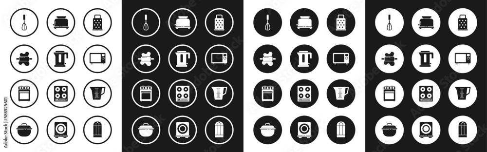 Set Grater, Electric kettle, Rolling pin on dough, Kitchen whisk, Microwave oven, Toaster, Measuring cup and Oven icon. Vector Set Grater, Electric kettle, Rolling pin on dough, Kitchen whisk, Microwave oven, Toaster, Measuring cup and Oven icon. Vector