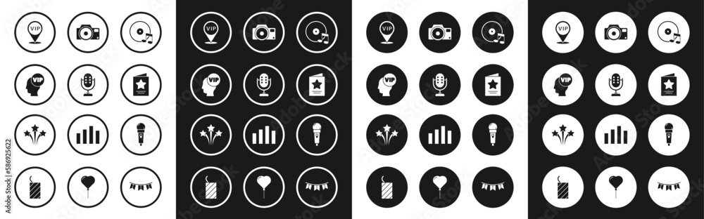 Set Vinyl disk, Microphone, Vip inside head, Location, Greeting card, Photo camera, and Firework icon. Vector Set Vinyl disk, Microphone, Vip inside head, Location, Greeting card, Photo camera, and Firework icon. Vector