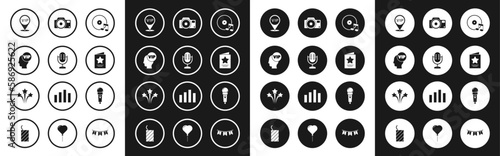 Set Vinyl disk, Microphone, Vip inside head, Location, Greeting card, Photo camera, and Firework icon. Vector