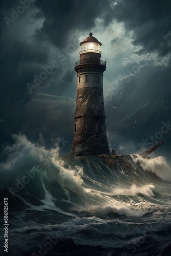 illustration of lighthouse on a rain and storm filled and giant waves crashing lighthouse atnight with a beam of light shining out to sea. Generative Ai.