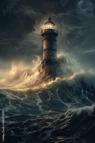 illustration of lighthouse on a rain and storm filled and giant waves crashing  lighthouse atnight with a beam of light shining out to sea. Generative Ai. © Kowit