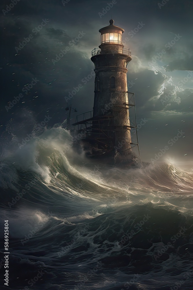 illustration of lighthouse on a rain and storm filled and giant waves crashing  lighthouse atnight with a beam of light shining out to sea. Generative Ai.