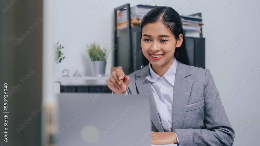 Working with laptop pc, Happy Young confident asia people entrepreneur ceo female business woman broker in suit office worker, help clients. Working with laptop pc, Happy Young confident asia people entrepreneur ceo female business woman broker in suit office worker, help clients.