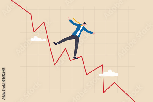 Investing in market downturn, recession or financial crisis, short sell or make profit in stock market, crypto currency decline concept, smart businessman trader acrobat walking on red decline graph.