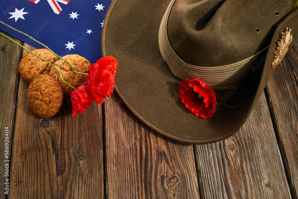 Australian Anzac Day. Australian army slouch hat red poppy and