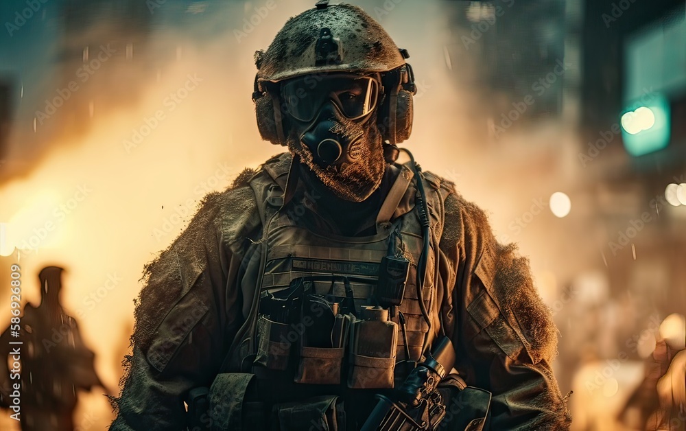 Professional soldier dressed in protective uniform against fire. soldier in uniform of special forces in a dangerous military action in a dangerous enemy area. Non-existent person. Generative Ai. Professional soldier dressed in protective uniform against fire. soldier in uniform of special forces in a dangerous military action in a dangerous enemy area. Non-existent person. Generative Ai.