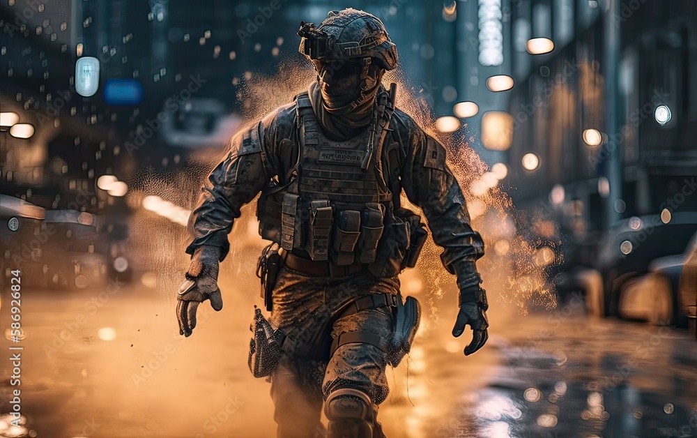 Professional soldier dressed in protective uniform against fire. soldier in uniform of special forces in a dangerous military action in a dangerous enemy area. Non-existent person. Generative Ai. Professional soldier dressed in protective uniform against fire. soldier in uniform of special forces in a dangerous military action in a dangerous enemy area. Non-existent person. Generative Ai.