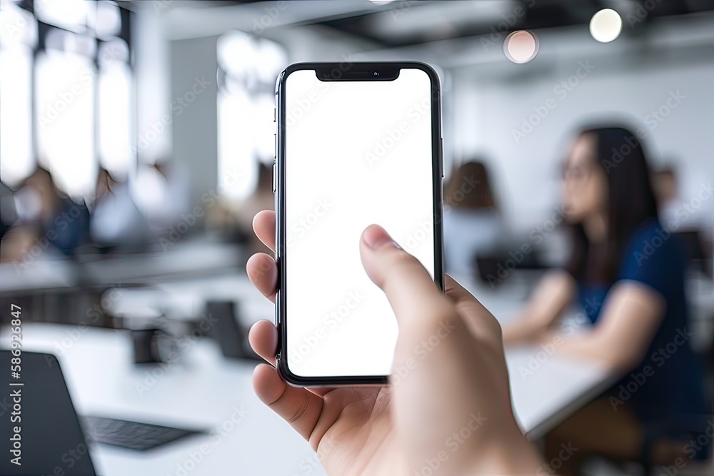 Close up view of hands holding mock up smart phone with modern office blurred background. generative Ai