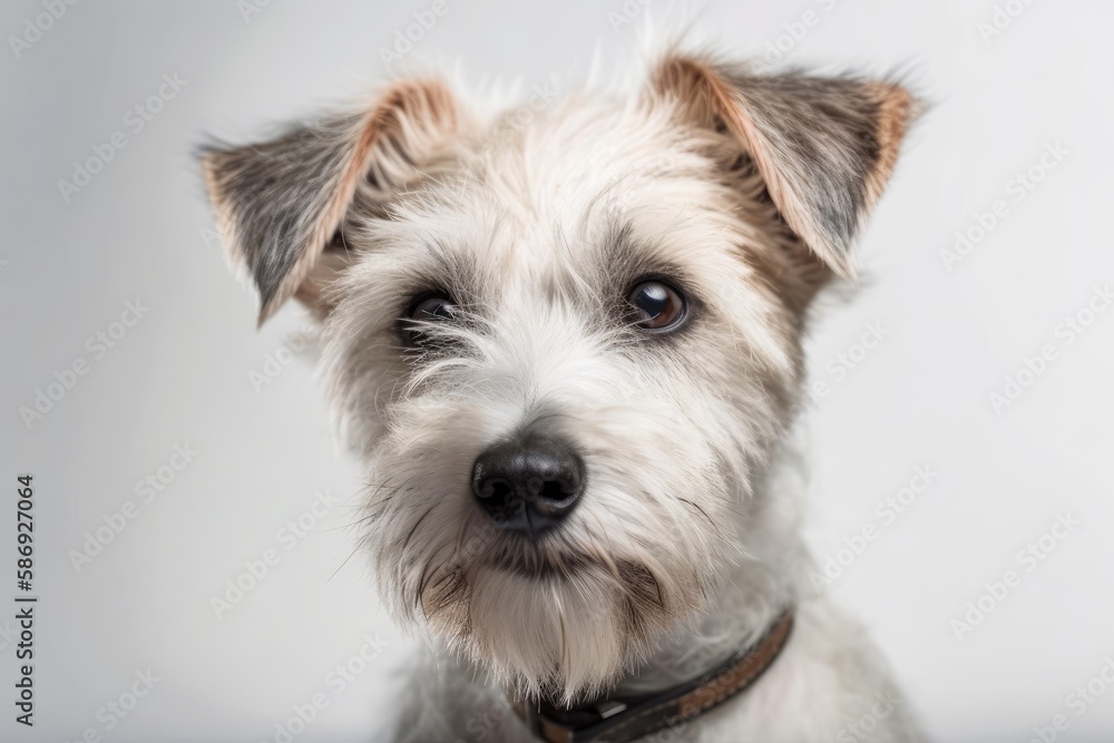 Adorable comical puppy on white backdrop. Generative AI