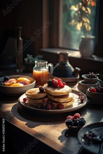 elicious pancakes, with fresh blueberries, strawberries and maple syrup on a light background. With copy space. Sweet maple syrup flows from a stack of pancake. Generative Ai. © Kowit