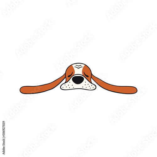 Basset dog, puppy face cute funny cartoon character illustration. Hand drawn vector, isolated. Line art. Domestic animal logo. Design concept pet food, branding, business, vet, print, poster