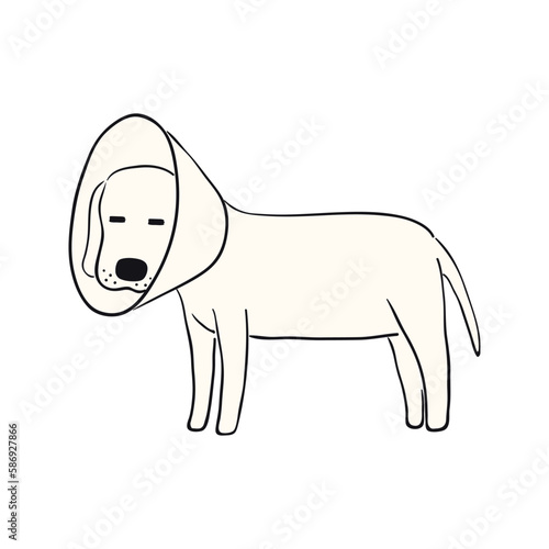 Cute cartoon dog, puppy wearing cone funny character illustration. Hand drawn vector, isolated. Line drawing. Domestic animal logo. Design concept for pet food, branding, business, vet, print, poster