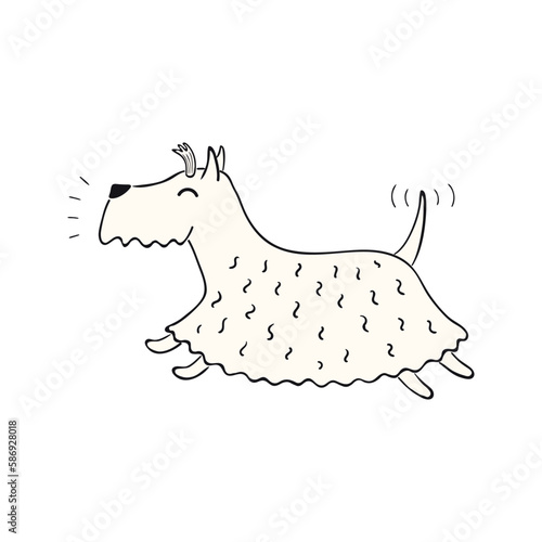 Cute cartoon dog, puppy running, barking funny character illustration. Hand drawn vector, isolated. Line drawing. Domestic animal logo. Design concept pet food, branding, business, vet, print, poster