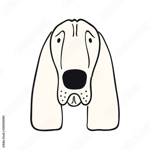 Basset dog, puppy face cute funny cartoon character illustration. Hand drawn vector, isolated. Line art. Domestic animal logo. Design concept pet food, branding, business, vet, print, poster