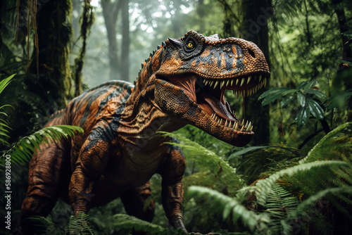 Tyrannosaurus rex in the forest. Generative AI © Zenturio Designs