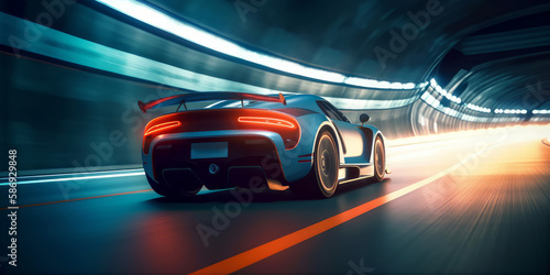 Speeding Through the Light: Futuristic Sport racing car at high speed riding in illuminated road tunnel. Generative AI © Bartek