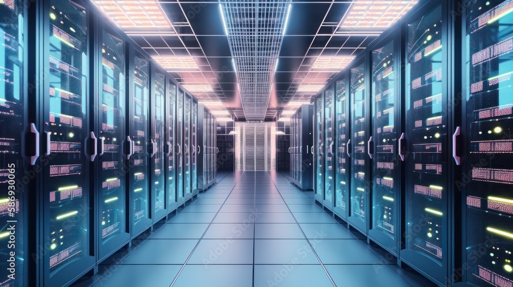Big cloud data center computer networking server room with racks of ...