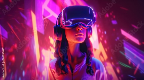 Beautiful girl in a VR headset in the middle of metaverse in virtual reality. Generative AI