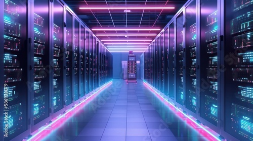 Big cloud data center computer networking server room with racks of hardware for artificial intelligence. Neon glow. Generative AI