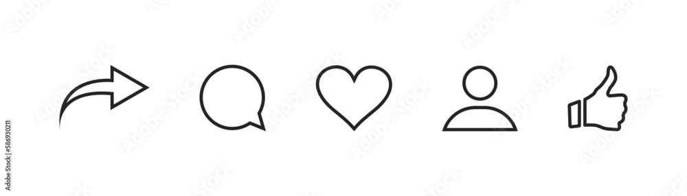 Social media icons thumb up and heart icon with repost and comment. Flat signs icons on white background. Vector