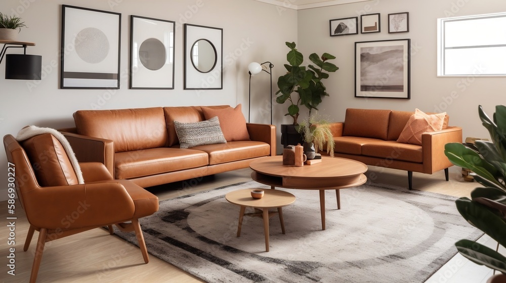 MidCentury Modern Living Room with Tan Leather Sofa, Geometric Rug and