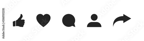 Social media icons thumb up and heart icon with repost and comment. Flat signs icons on white background. Vector