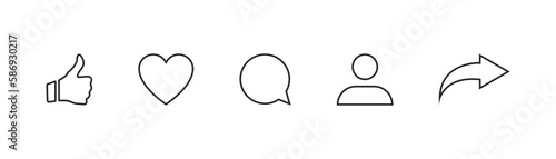 Social media icons thumb up and heart icon with repost and comment. Flat signs icons on white background. Vector