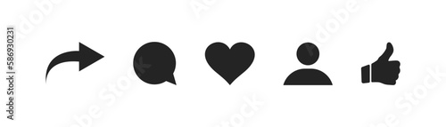 Social media icons thumb up and heart icon with repost and comment. Flat signs icons on white background. Vector