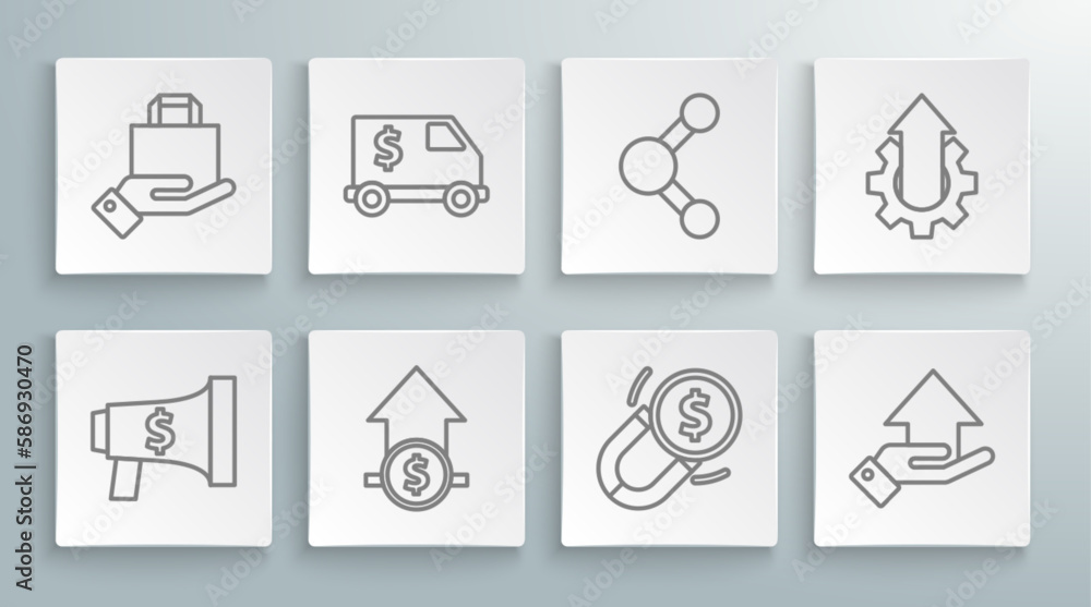 Fototapeta premium Set line Megaphone and dollar, Armored truck, Financial growth coin, Magnet with money, Money hand, Share, Arrow gear business and Hand paper shopping bag icon. Vector
