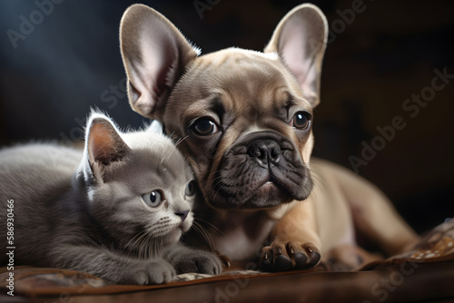 Adorable lovely French bulldog puppy dog with kitten friends together, generative ai. © hutangach