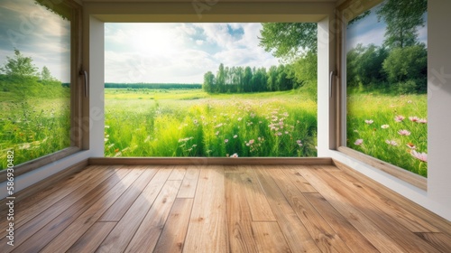 Empty room with wooden floor and window with summer view, green meadow with grass, the sun is shining brightly. Generative AI Illustration