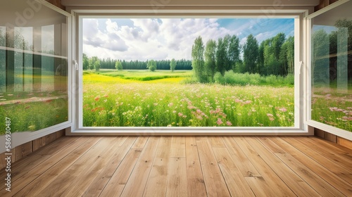 Empty room with wooden floor and window with summer view, green meadow with grass, the sun is shining brightly. Generative AI Illustration