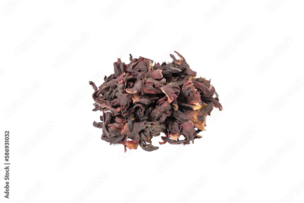 Dry hibiscus tea heap isolated on white background. herb. herbal tea. food ingredient.