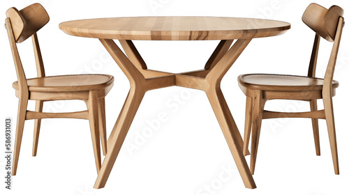 Modern wooden table with chairs cutout isolated on white transparent background png. Generative AI