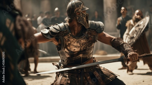 Gladiator fighting in the Roman Colosseum. Generative AI © Generative Professor