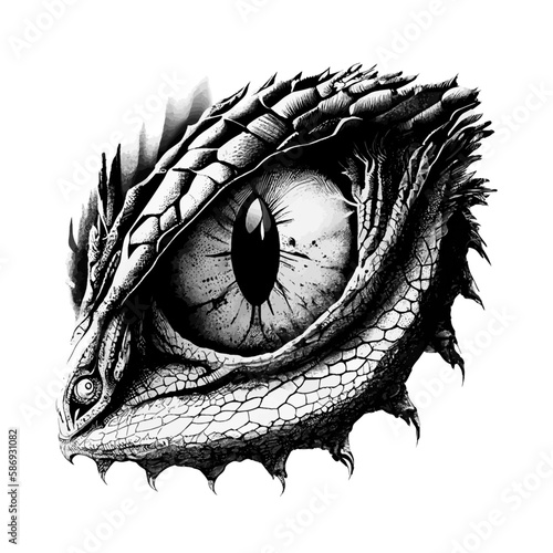Dragon eye sketch, fierce and detailed image of mythical creature eye features a slit pupil, surrounded by scaly skin and scales. Hand drawn painting captures the intense look of a fiery reptile