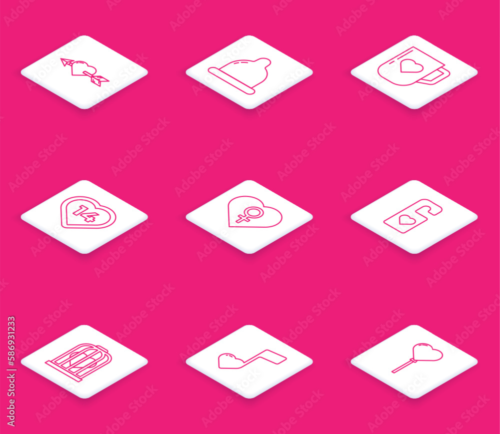 Set line Amour with heart and arrow, Condom, Coffee cup, Heart, female gender, Please not disturb, in the bird cage and Music note, tone hearts icon. Vector Set line Amour with heart and arrow, Condom, Coffee cup, Heart, female gender, Please not disturb, in the bird cage and Music note, tone hearts icon. Vector
