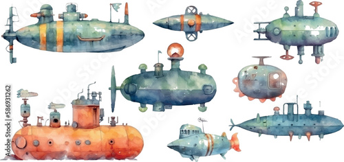 Watercolor cute cartoon kids submarine.  watercolor illustration of a submarine isolated on white background.