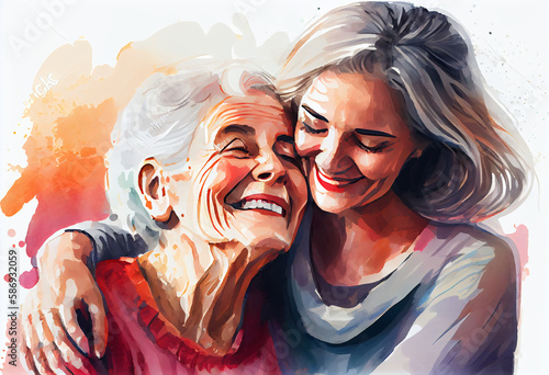 Happy older mature mother and grown millennial daughter smiling embracing, watercolor. Generative ai