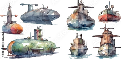 Watercolor cute cartoon kids submarine.  watercolor illustration of a submarine isolated on white background.