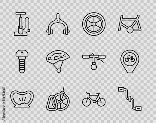 Set line Bicycle punctured tire, pedals, wheel, parking, air pump, helmet, and Location with bicycle icon. Vector