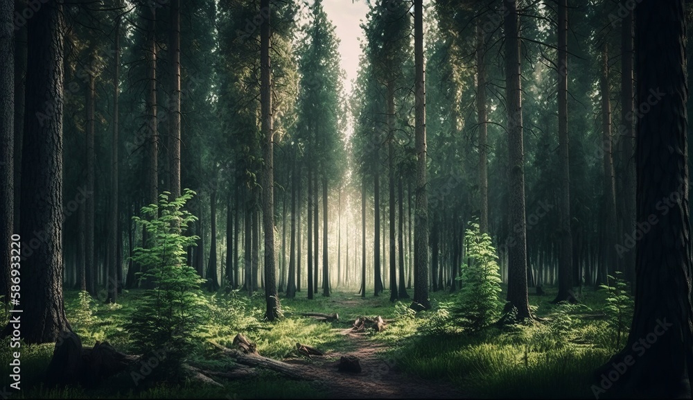 Obraz premium Stylized forest with long pine trees. Panoramic view of Pine tree forest with opening in the center and greens