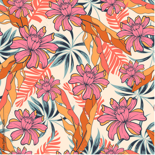 Original seamless tropical pattern with bright plants and flowers on a beige background. Beautiful print with hand drawn exotic plants. Colorful stylish floral. Trendy summer Hawaii print.