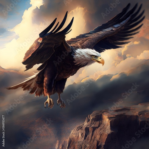 A Towering Eagle flying with all its might in vast thundering skies and mountains. Concept of freedom and strength 