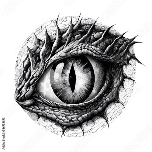 Tattoo or t-shirt print featuring eye of dinosaur or dragon monster. Mythical creature evil iris, lizard or bird. Monochrome reptilian eyeball and spiky skin. Black and white sketch of fantasy animal